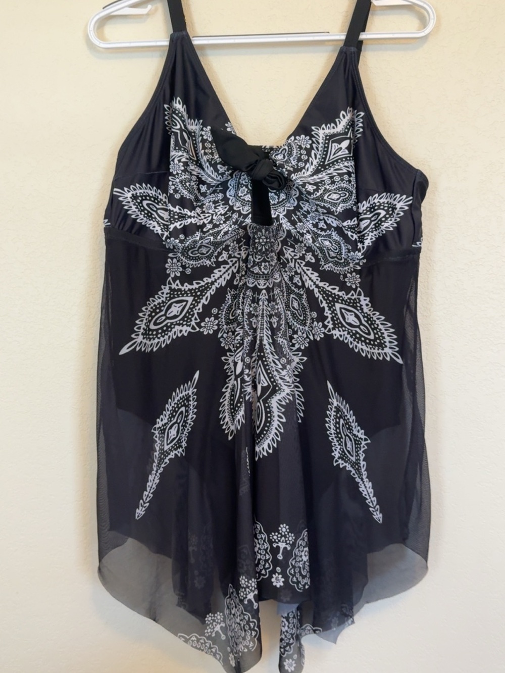 Black Paisley-Print One-Piece Swimdress with Tie Front